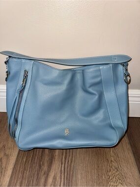 Julia Buxton Blue Pebbled Large Shoulder Bag Tassel Charm Magnetic Closure